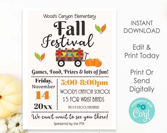 Op de afbeelding: Een printbare uitnodiging voor een herfstfestival op Wood's Canyon Elementary School. De uitnodiging bevat een cartoonafbeelding van een wagen vol pompoenen en de tekst "Herfstfestival". Het evenement is gepland voor vrijdag 14 november 20xx van 17:00 tot 20:00 uur. Het evenement omvat spelletjes, eten, prijzen en polsbandjes voor €5. De uitnodiging wordt gesponsord door de PTA.
