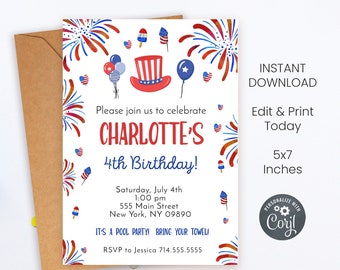 May include: A 5x7 inch printable invitation for a 4th birthday party. The invitation features a red, white, and blue color scheme with fireworks, balloons, and a patriotic hat. The text on the invitation reads "Please join us to celebrate Charlotte's 4th Birthday!" and includes the date, time, location, and RSVP information.