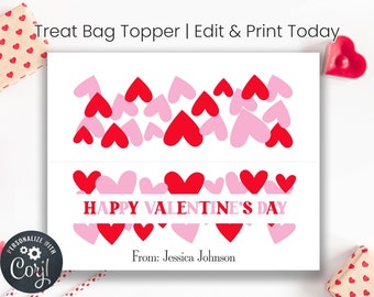 Puede incluir: Topper para bolsa de golosinas imprimible con un diseño de corazones rojos y rosas. El topper dice "Feliz Día de San Valentín" y tiene espacio para agregar un nombre.
