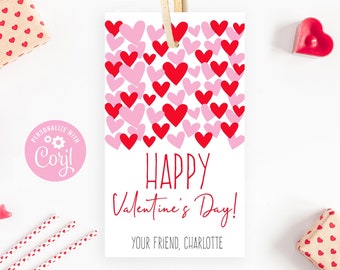 May include: Printable Valentine's Day gift tag with a pink and red heart pattern. The tag says "Happy Valentine's Day!" and "Your Friend, Charlotte".