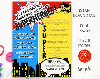 Editable Teacher Appreciation Week Flyer | Printable Superhero Teacher Appreciation Instructions | Super Hero Theme | PTA Instant Download