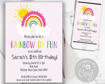 Printable Rainbow Birthday Party Invitation, Girl Birthday Invite, Editable Invites, Rainbow Theme Party, Instant Download Invitation A3