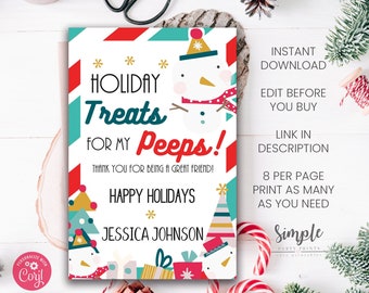 Könnte beinhalten: Eine druckbare Weihnachtskarte mit einem Schneemann und dem Text "Holiday Treats for My Peeps!"  Vielen Dank, dass du ein(e) guter(e) Freund(in) bist! Frohe Weihnachten. Jessica Johnson.