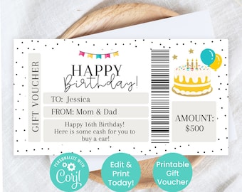 Pode incluir: Um vale-presente imprimível com um bolo de aniversário colorido e balões. O vale diz "Feliz aniversário!" e tem um espaço para personalizar com o nome do destinatário, o nome do doador e o valor. O vale também diz "Personalizar com Coryl, Editar e Imprimir Hoje!" e "Vale-Presente Imprimível".