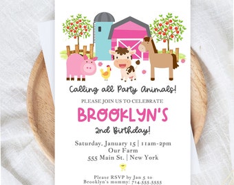 Editable Farm Animals Birthday Party Invitation Pink Girl Farm Barnyard 1st Birthday Party Animals 1st Birthday Party Instant Download
