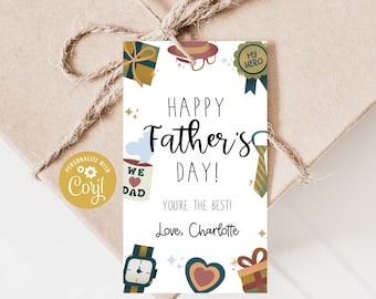 May include: A white gift tag with a colorful illustration of a coffee mug, a tie, a watch, a gift box, a hat, and a heart. The text on the tag reads "Happy Father's Day! You're the best! Love, Charlotte".