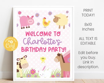Petting Zoo Animal Birthday Party Sign | Editable Pink Farm Barnyard Favor 8x10 Template | Kid Barnyard Party Decorations | Instant Download