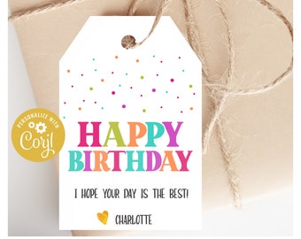 Printable Colorful Happy Birthday Tag, Editable Bday Gift Ideas For Friends & Family, Custom Gift Tags, Last Minute Instant Download, DIY