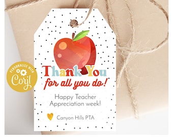 Printable Teacher Appreciation Tag - Editable Thank You Teachers Aide Gift Tags - Custom School Appreciation Gift Label - Instant Download