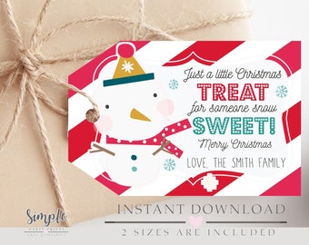 Printable Snowman Christmas Gift Tags, Holiday Treat Labels, Xmas Favor, Personalized Christmas Sweets Gift Tag, Editable with Corjl,