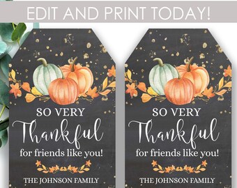May include: Two printable Thanksgiving gift tags with a chalkboard background. The tags feature a watercolour illustration of pumpkins and autumn leaves with gold glitter accents. The text on the tags reads "So Very Thankful for friends like you!" and "The Johnson Family".