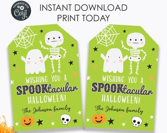 May include: Two green printable Halloween gift tags with a ghost and skeleton illustration. The text reads "Wishing you a Spooktacular Halloween!" and "The Johnson family".