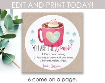 Editable Hot Cocoa Bomb Tags, Hot Chocolate Bomb Tag, you're the bomb Printable Tags, DIY Holiday Gifts, PTA PTO Tags, Christmas tag