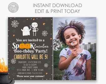 May include: A printable Halloween party invitation with a black background, featuring a ghost and skeleton illustration, pumpkins, and stars. The text reads "You are invited to a Spooktacular Boo-thday Party! Charlotte will be 5!" with details for the party date, time, and location. A photo of a young girl is included in the invitation.