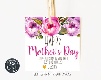 Printable Mother's Day Tag, Happy Mothers Day Gift Ideas for friends, Editable Gift Tags, Water Color Flowers Favor Tag, Gifts for Mom Moms