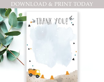 May include: Printable thank you cards with a construction theme. The cards feature a yellow dump truck, orange cones, and a blue and white watercolor background. The text "THANK YOU!" is written in black. The cards are 4x6 inches and come in a set of 2.