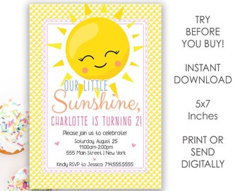 May include: A yellow and pink printable invitation with a smiling sun illustration. The text reads "Our Little Sunshine, Charlotte is turning 2!" and includes details for a birthday party. The invitation is 5x7 inches and can be printed or sent digitally.