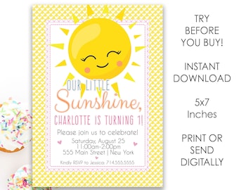 Sunshine Birthday Party Invitations, First Birthday Invite, Girl Bday Invitation, Happy Sunshine Invites,  First Second Birthday, Bday