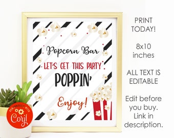 Afdrukbaar Popcorn Bar-bord, Popcorn 8x10 tafelbord voor filmavondfeest, aangepast bewerkbaar bord met Corjl, personaliseren, digitale download