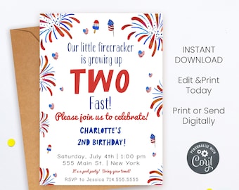 May include: A red, white, and blue birthday invitation with fireworks and a popsicle graphic. The text reads "Our little firecracker is growing up TWO Fast! Please join us to celebrate! Charlotte's 2nd Birthday! Saturday, July 4th | 1:00 pm 555 Main St. | New York It's a pool party! Bring your towel! RSVP to Jessica 714.555.5555 Simple PARTY PRINTS"