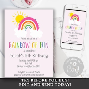 Printable Rainbow Birthday Party Invitation, Girl Birthday Invite, Editable Invites, Rainbow Theme Party, Instant Download Invitation A3