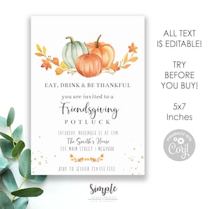 Puede incluir: Una invitación blanca de Friendsgiving con calabazas de acuarela y follaje otoñal. El texto dice "Eat, Drink & Be Thankful" e incluye detalles del evento. La invitación mide 12,7 x 17,8 cm.
