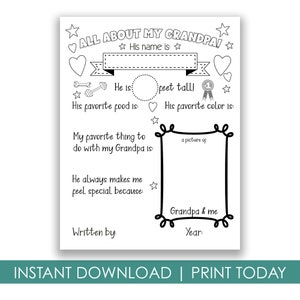 Druckbare Alles über meinen Opa Malseite, Geschenke von Kindern zum Vatertag oder Geburtstag, Karten für Opa, DIY Basteln, Facts Sheet, D5
