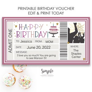 Druckbare alles Gute zum Geburtstag Konzertkarte Vorlage, zeigen Zertifikat Geschenk, Bday Geschenke, personalisierte Geschenke, INSTANT DOWNLOAD Text EDITIERBAR