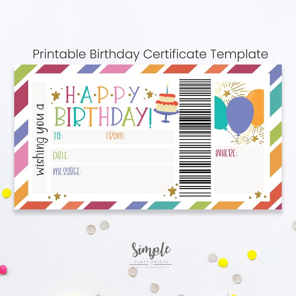 Printable Birthday Certificate Template, Delayed Birthday Gifts, Birthday Voucher, Colorful Birthday Concert Tickets, DIY, Print from Home