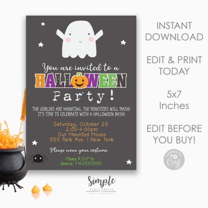 May include: A printable Halloween party invitation with a cute ghost illustration. The invitation is on a dark gray background with white stars. The text reads "You are invited to a HALLOWEEN Party!" with a pumpkin and the date and time of the party. The invitation is 5x7 inches.