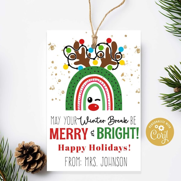 Printable Colorful Rudolf Winter Break Gift Tag, School Holiday Christmas Party, Favor, Gift Tag, Editable with Corjl, Instant Download,