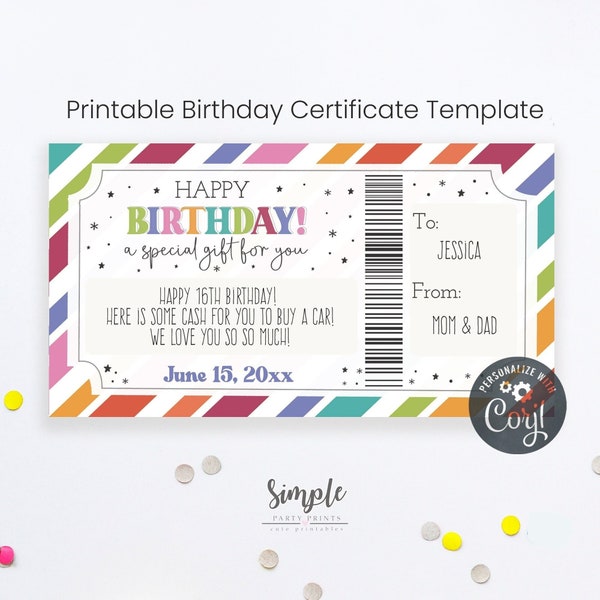 Editable Birthday Gift Voucher, Printable Bday Certificate Template, Custom Gift Ideas For Teenagers, Presents for Teens, Money Holder V5