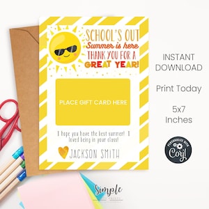 Plantilla imprimible para titular de tarjeta de regalo de fin de año escolar, el verano está aquí, ideas de regalos para maestros, regalos para voluntarios y asistentes de maestros