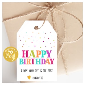 Etiqueta de feliz cumpleaños colorida imprimible, ideas de regalos de cumpleaños editables para amigos y familiares, etiquetas de regalo personalizadas, descarga instantánea de último minuto, bricolaje