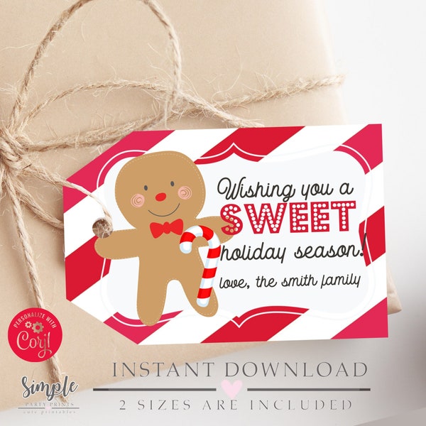 Printable Christmas Gingerbread Man Gift Tag, Holiday Treat Bag or Party Favor Tag, Sweet Treats for Someone So Sweet Tag, Edit with Corjl