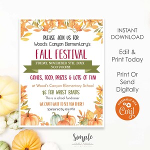 May include: Fall Festival invitation with a watercolor illustration of pumpkins and autumn leaves. The invitation is for Wood's Canyon Elementary School and includes the date, time, and details about the event. It also mentions that wristbands are $5 and that the event is a school fundraiser.
