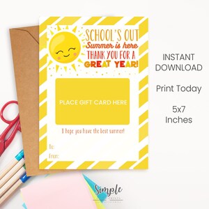 Instant Download afdrukbare eindejaarscadeaukaarthouder voor leraren of vrijwilligers, school is uit voor de zomer, dank u, last-minute idee