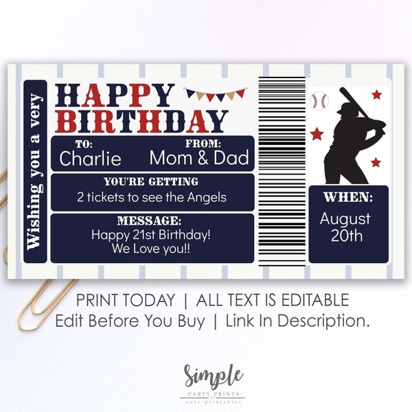 Printable Happy Birthday Baseball Ticket Template, Ball Game Certificate gift, Personalized Gift Ideas,  INSTANT DOWNLOAD text EDITABLE