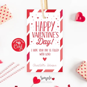Druckbare Geschenkanhänger zum Valentinstag, personalisierte Valentinstag Etikett, Tags für süße Leckereien, Happy Heart Day Sofort-Download, bearbeiten mit Corjl