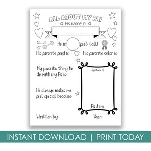 Printable All About My Papa Coloring Page, Gifts from kids for Father's Day or Birthday, Cards for Papa, DIY Crafts, Facts Sheet, D5