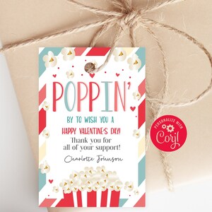 Druckbare Popcorn-Valentinstag-Tags, Just Poppin By, um Ihnen ein glückliches V-Day-Label zu wünschen, Valentinsgeschenke für Mitarbeiter Kunden Nachbarn