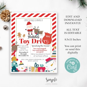 Editable Holiday Toy Drive Flyer Template, Digital Download Christmas Party Flyer, Printable School Church Festival Invite, Instant, Corjl