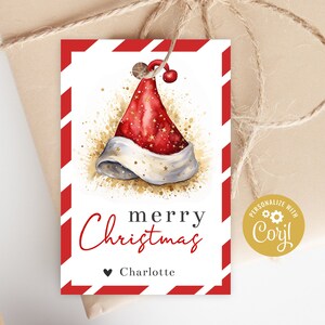 Druckbare Weihnachtsgeschenkanhänger - Frohe Weihnachten, Feiertage, festliche Etiketten mit einem geheimen Weihnachtshut, Freunde der Familie, bearbeitbar mit Corjl
