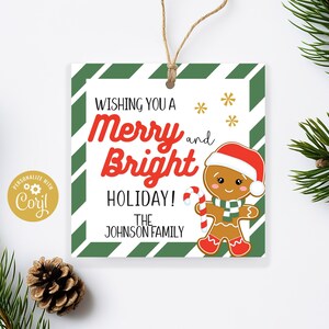 May include: Green and white striped gift tag with a gingerbread person illustration. The tag says "Wishing you a Merry and Bright Holiday! The Johnson Family".