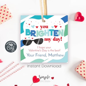 Etiquetas de San Valentín de gafas de sol imprimibles, tarjetas de intercambio de aula para niños, San Valentín sin dulces, editables con Corjl, descarga instantánea