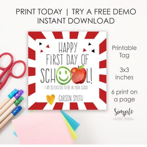 Printable Happy First Day of School Tag,  Editable Back to School Label, Custom Gift Tag, Treats from Students to Teachers for the 1st day