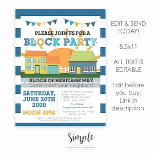 May include: A blue and white striped invitation with a yellow and blue house illustration. The invitation is for a block party on Saturday, 20th June 2000 from noon to 8pm. The text says "Please join us for a block party" and "Block of Heritage Way, Come meet your neighbours!"
