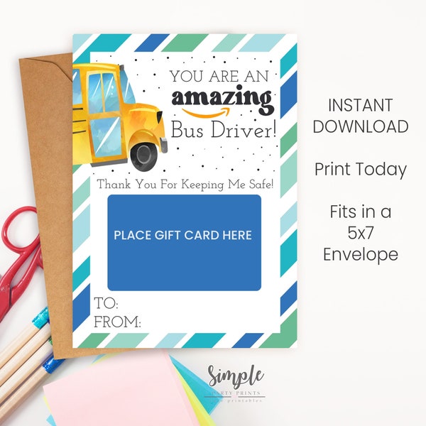 Gift Card Holders for your favorite Bus Driver, Gift Idea for Bus Drivers, Printable Thank You Card, Amazon Gift Card Holder, Print Today