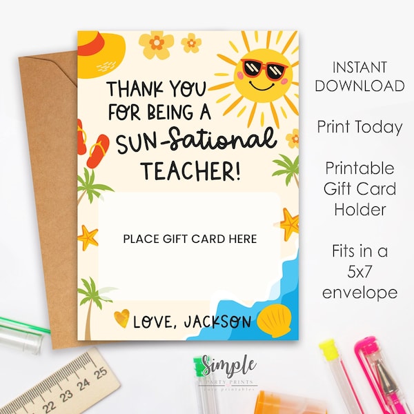 Printable Sun-Sational Teacher Appreciation Gift Card Holder, Editable Gifts for Teachers, Beach Themed Gifts, Gift Ideas for a Teacher, DIY