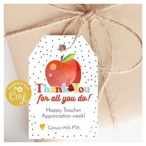 Printable Teacher Appreciation Tag - Editable Thank You Teachers Aide Gift Tags - Custom School Appreciation Gift Label - Instant Download